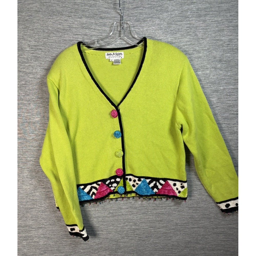 Vintage Jack B Quick Cardigan Sweater Large Lime Green Neon Beaded Novelty Y2K